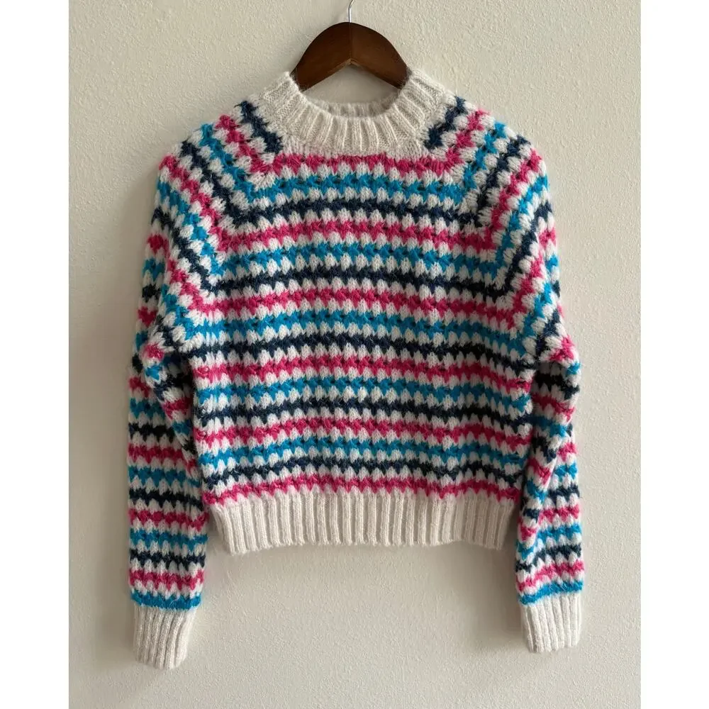 Zara NWT Chunky White Blue Pink Striped Knit Crewneck Pullover Sweater Medium - Picture 2 of 16